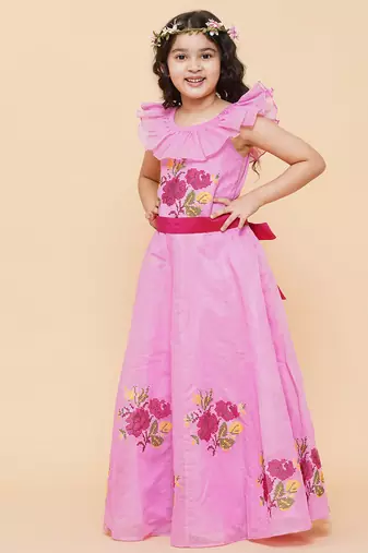 Pink Embroidered Cotton Fit & Flare Dress