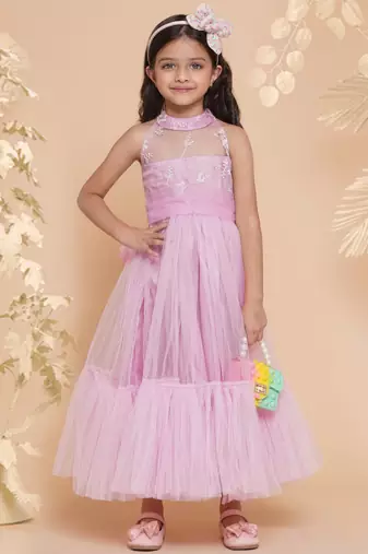 Pink Embroidered Polyester Flared Dress