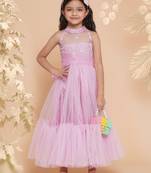 Pink Embroidered Polyester Flared Dress