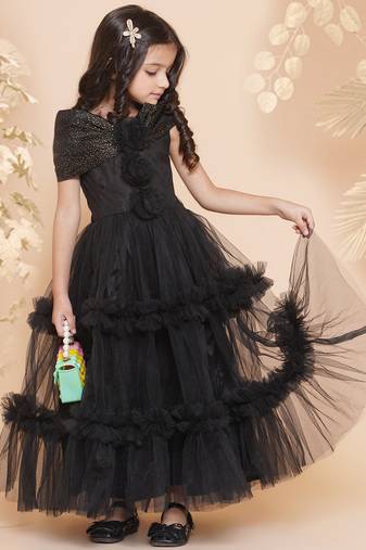 Black Embellished Polyester Fit & Flare Dress