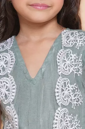 Green Embroidered Polyester Fit & Flare Dress