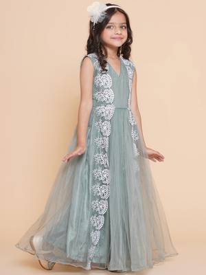 Green Embroidered Polyester Fit & Flare Dress 3