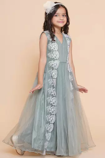 Green Embroidered Polyester Fit & Flare Dress