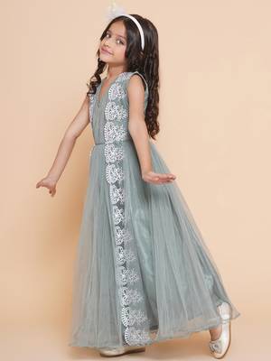 Green Embroidered Polyester Fit & Flare Dress 4