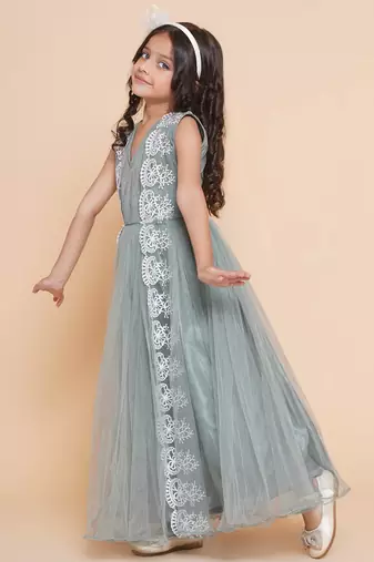 Green Embroidered Polyester Fit & Flare Dress