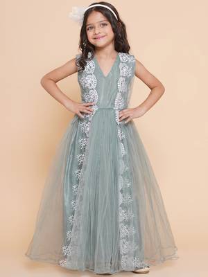 Green Embroidered Polyester Fit & Flare Dress 6