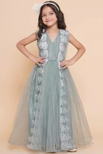 Green Embroidered Polyester Fit & Flare Dress