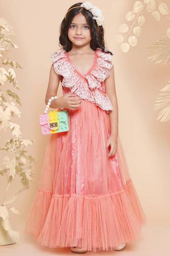 Peach Embroidered Polyester Flared Dress
