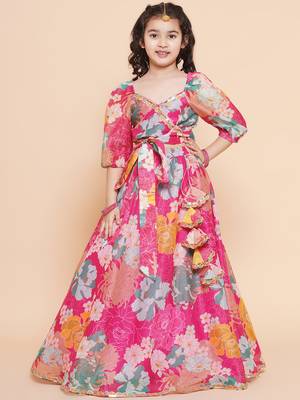 Pink Printed Silk Lehenga Choli Set 1