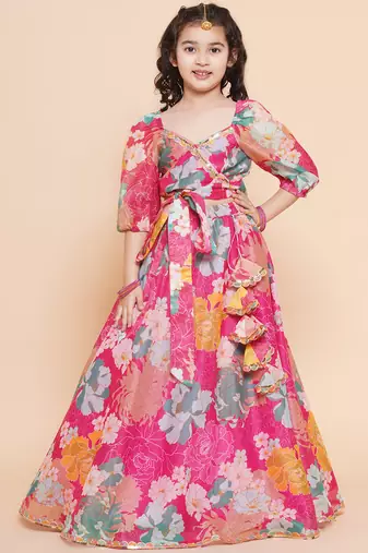 Pink Printed Silk Lehenga Choli Set