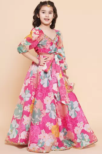 Pink Printed Silk Lehenga Choli Set