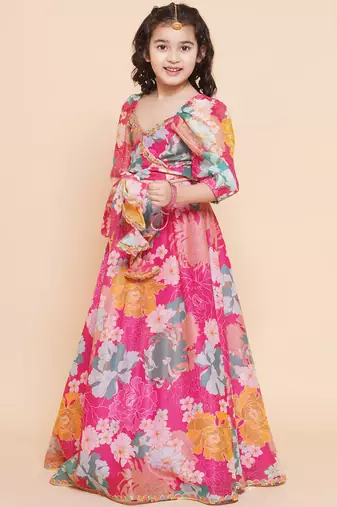 Pink Printed Silk Lehenga Choli Set
