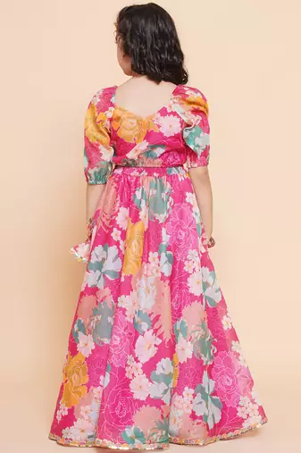 Pink Printed Silk Lehenga Choli Set