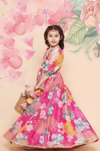 Pink Printed Silk Lehenga Choli Set