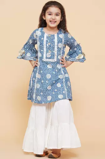 Blue Printed Cotton Kurta Set