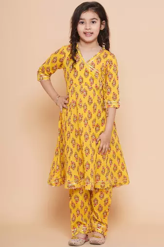 Yellow Printed Pure Cotton Kurta Set