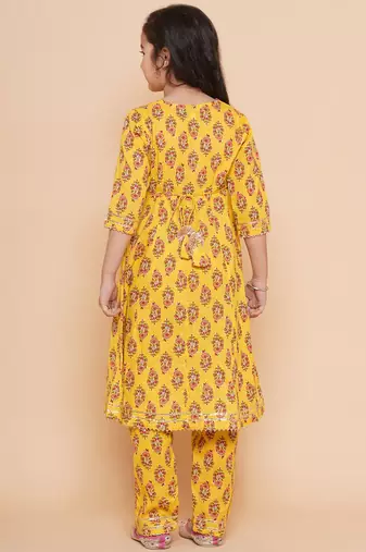 Yellow Printed Pure Cotton Kurta Set