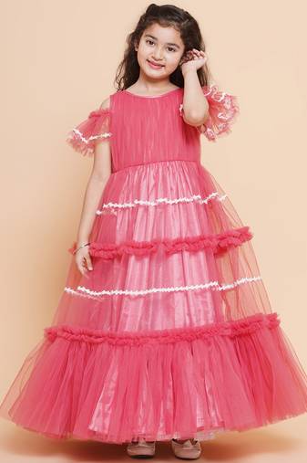 Pink Solid Net Fit & Flare Dress