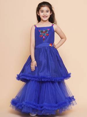 Blue Embroidered Polyester Fit & Flare Dress 1