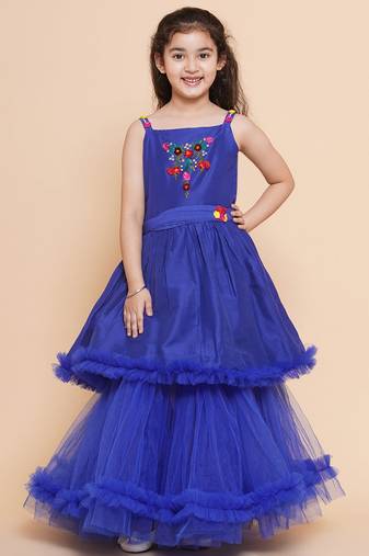 Blue Embroidered Polyester Fit & Flare Dress