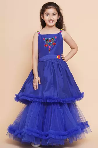 Blue Embroidered Polyester Fit & Flare Dress