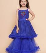 Blue Embroidered Polyester Fit & Flare Dress