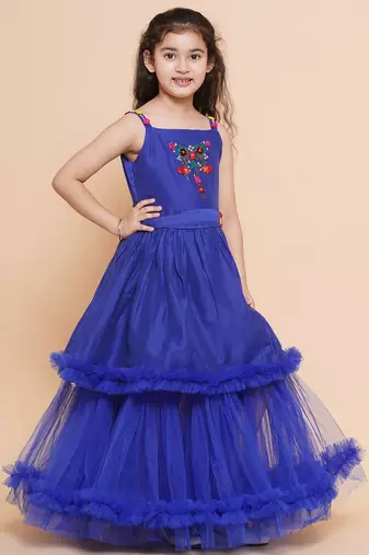 Blue Embroidered Polyester Fit & Flare Dress