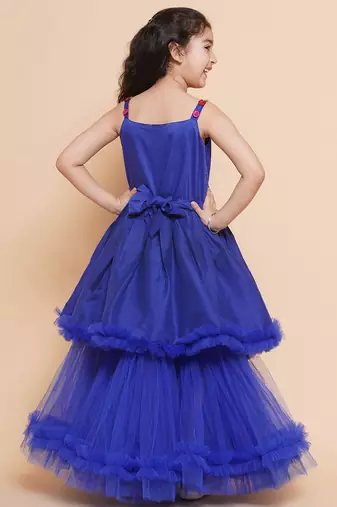 Blue Embroidered Polyester Fit & Flare Dress