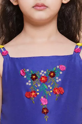 Blue Embroidered Polyester Fit & Flare Dress