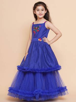 Blue Embroidered Polyester Fit & Flare Dress 5