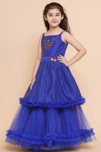 Blue Embroidered Polyester Fit & Flare Dress