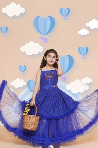 Blue Embroidered Polyester Fit & Flare Dress
