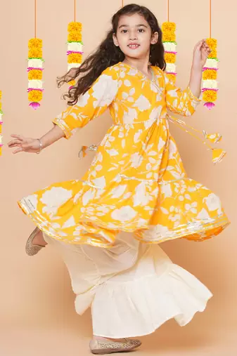 Yellow Printed Pure Cotton Kurta Set