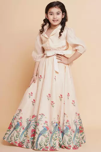 Peach Printed Silk Lehenga Choli Set