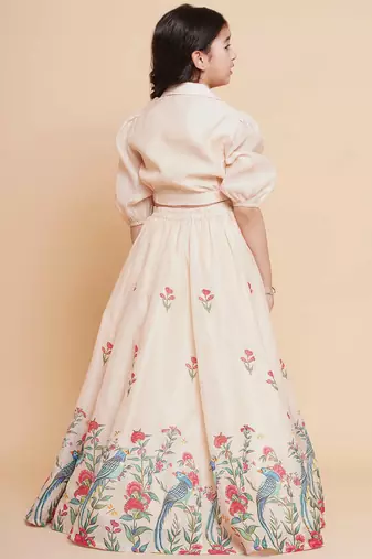 Peach Printed Silk Lehenga Choli Set
