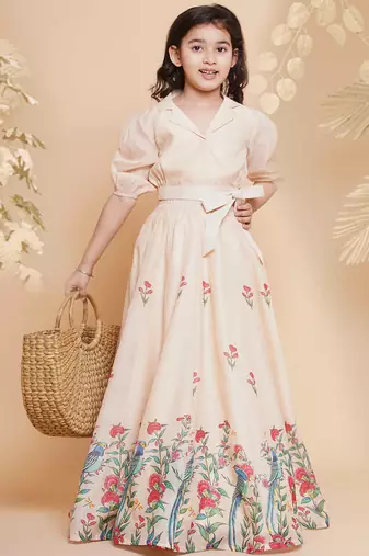 Peach Printed Silk Lehenga Choli Set