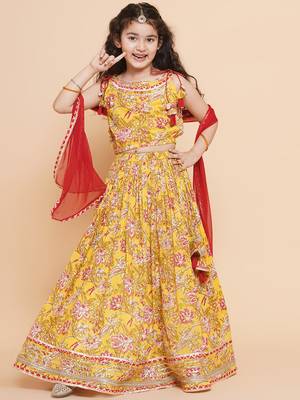 Yellow Printed Cotton Lehenga Choli Set 1