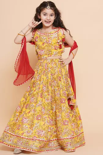 Yellow Printed Cotton Lehenga Choli Set