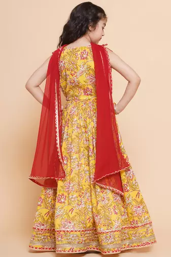 Yellow Printed Cotton Lehenga Choli Set