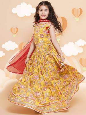 Yellow Printed Cotton Lehenga Choli Set 6