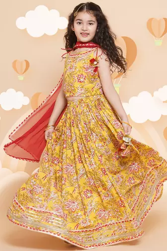 Yellow Printed Cotton Lehenga Choli Set