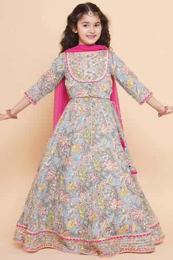 Blue Printed Cotton Lehenga Choli Set