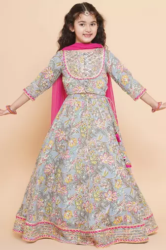 Blue Printed Cotton Lehenga Choli Set