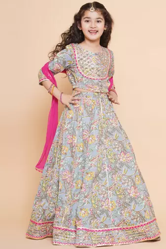 Blue Printed Cotton Lehenga Choli Set