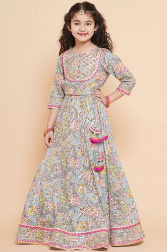 Blue Printed Cotton Lehenga Choli Set