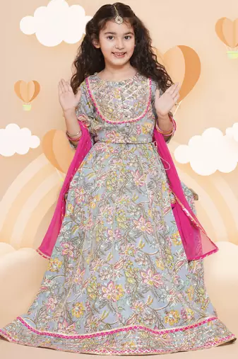 Blue Printed Cotton Lehenga Choli Set