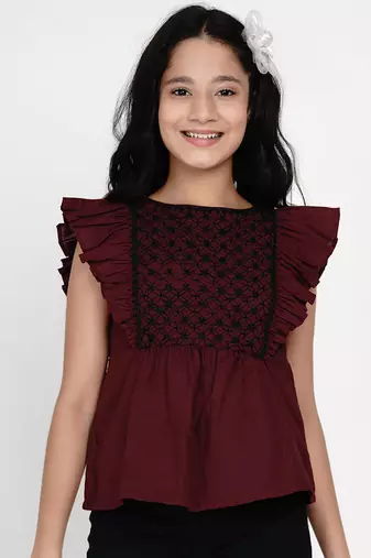 Maroon Embroidered Cotton Top