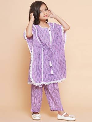 Purple Printed Cotton Kurta Set 4