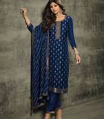 Navy Blue Silk Golden Threadwork Embroidered Straight Salwar Suit