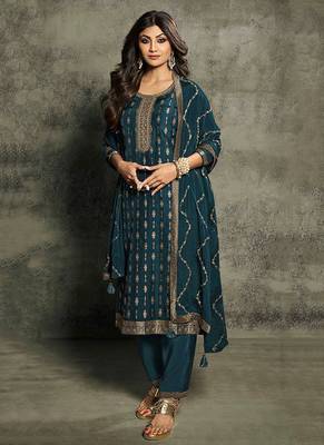 Gorgeous Teal Silk Straight Suit For Women Wedding Wear 1